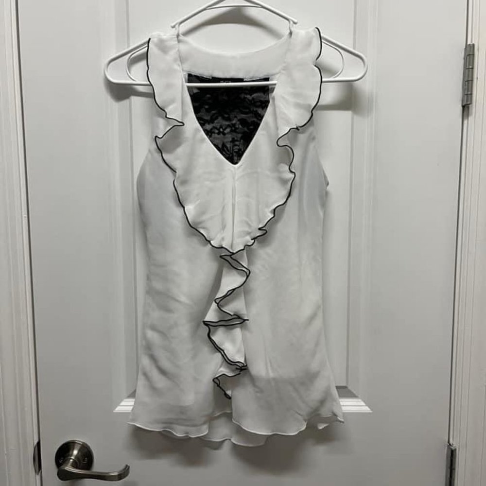 BCX White Sleeveless Top, Ruffled neckline with black piping, Size S